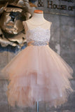 Blush Pink Cap Sleeve Asymmetric Tulle Lace Flower Girl Dress PW99