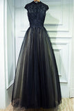 Vintage A Line Chic Long Black Lace Cap Sleeves High Neck Beads Appliques Prom Dresses uk PW76