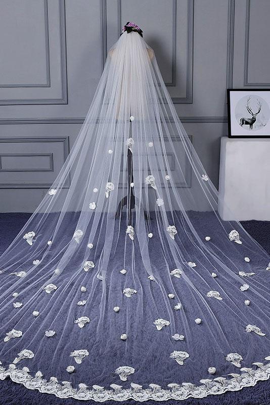 3M Tulle Ivory Wedding Veils with Appliques, Fashion Hand Made Flowers Wedding Veils W1238