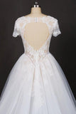 A Line Short Sleeves Beads V-Neck Lace Applique Wedding Dress Bridal Dress W1142