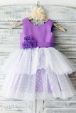 Ball Gown Ivory Scoop Neck Satin Purple Tulle Ankle-length Tiered Child Flower Girl Dresses PH736