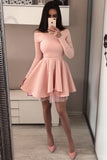A Line Long Sleeve Blush Pink Off the Shoulder Satin Short Homecoming Dresses uk PH996