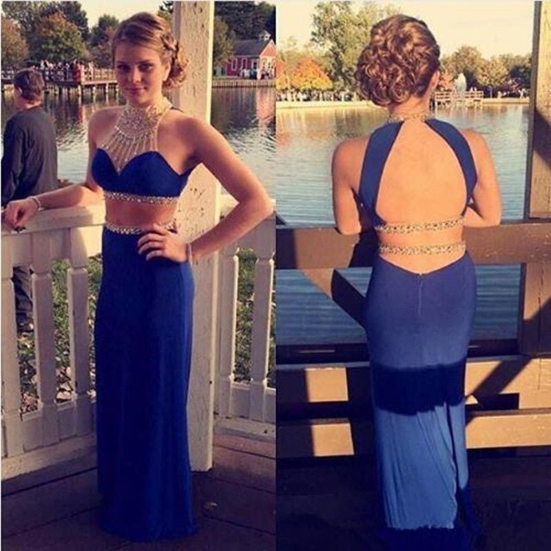 Two Pieces Mermaid Open Back Royal Blue High Neck Beading Long Prom Dress