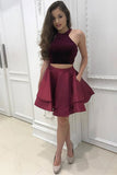 Burgundy Two Pieces Halter Satin Short Prom Dress with Pockets,Homecoming Dresses uk PH913