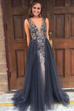 Elegant Mermaid V-Neck Sweep Train Grey Tulle Detachable Prom Dress with Beading PH652
