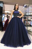 Elegant Scoop Royal Blue Ball Gown Open Back Halter Beading Tulle Prom Dresses UK PH438