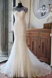 Elegant Mermaid Scoop Neck Tulle Beads Lace Appliques Chapel Train Long Sleeve Wedding Dress PH739