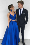 A Line Two Pieces Spaghetti Straps Simple Long Cheap V Neck Blue Sleeveless Prom Dress PH637