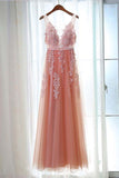Charming Appliques Tulle V-Neck Beads Sleeveless Scoop Pearl Pink Prom Dresses uk PM408