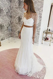 Elegant Two Pieces Lace Mermaid Short Sleeves Tulle Wedding Dress W1245