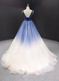 Royal Blue Ombre V-Neck Tulle Long Prom Dress Ball Gown