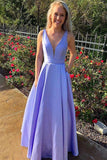 A Line Lavender V Neck Long Prom Dresses with Pockets, Satin Backless Evening Dresses P1323