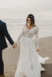 Charming A Line Long Sleeves V-Neck Lace Ivory Beach Wedding Dress Bridal Dress W1253