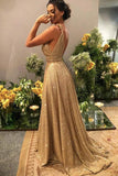 Charming Gold Sequins V Neck A Line Backless Prom Dresses, Formal Dresses P1499