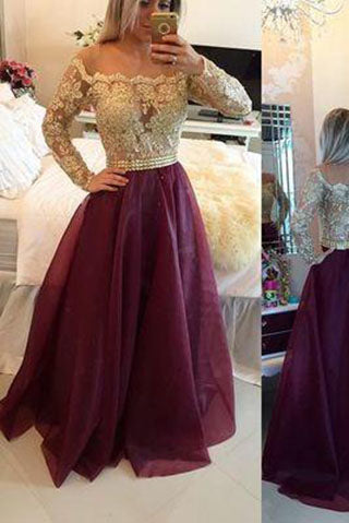 Burgundy Lace Bodice Long Sleeves A Line Organza Dark Red Evening Dress