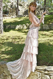 Spaghetti Tired Lace Vintage Wedding Dress with Sweep Train Round Neck Bridal Dress W1178