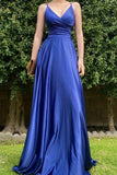 Royal Blue V neck Satin Long Prom Dresses, A Line Lace up Evening Dresses P1572