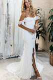 Off the Shoulder White Sweetheart Lace Sexy Mermaid Open Back Beach Wedding Dresses PH725