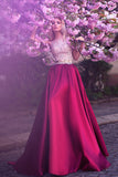 Romantic A-Line Jewel Rose Red Satin Round Neck Prom Dresses with Lace Appliques PH458