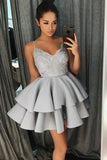 A-Line Spaghetti Straps Sweetheart Grey Satin Homecoming Dress with Lace Beading PH592