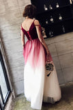 A Line Spaghetti Straps Ombre Long Tulle Prom Dresses Burgundy V-Neck Evening Dresses P1226