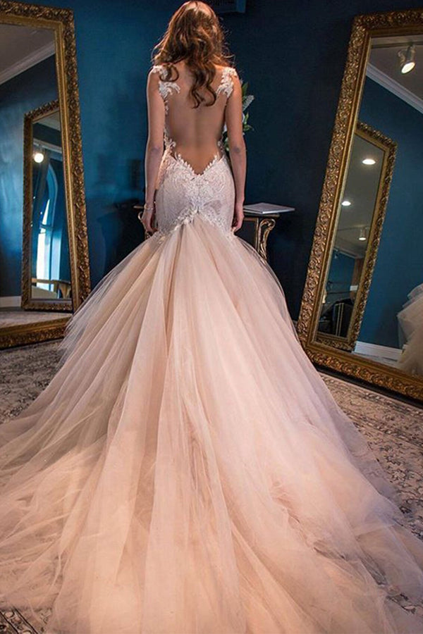 Elegant Mermaid Sweetheart Watteau Train Yarn Lace Tulle Pink Wedding Dresses PM303