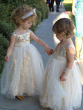 Cute Glitter A Line Gold Sequins Tulle Flower Girl Dress FG1028