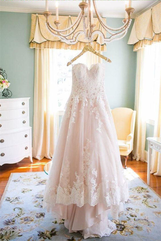 Stunning A-Line Spaghetti Straps Sleeveless High-Low Appliques Wedding Dress PM112