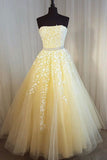 A Line Yellow Strapless Tulle Lace Appliques Prom Dresses, Party Dresses P1475
