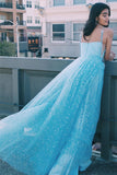 Charming A Line Spaghetti Straps Blue Tulle Prom Dresses with Stars, Dance Dresses P1397