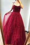 A-Line Burgundy Tulle Beaded Spaghetti Straps Scoop Long Prom Dresses P1460