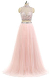 High Neck Pink Tulle Sweep Train Beading Two Pieces Long Prom Dresses uk PW82