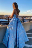 A Line Spaghetti Straps Blue Lace V Neck Prom Dresses with Lace up, Long Dance Dresses P1385