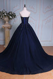 Princess Ball Gown Sweetheart Navy Blue Beads Ruffles Long Tulle Prom Dresses uk with Lace up PH236