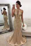 Mermaid Sleeveless Halter Sequins Golden Open Back Sweep Train Satin Prom Dresses PH556