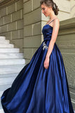 Elegant A-Line Spaghetti Straps Dark Blue Satin Prom Dress with Beading Pockets PH436
