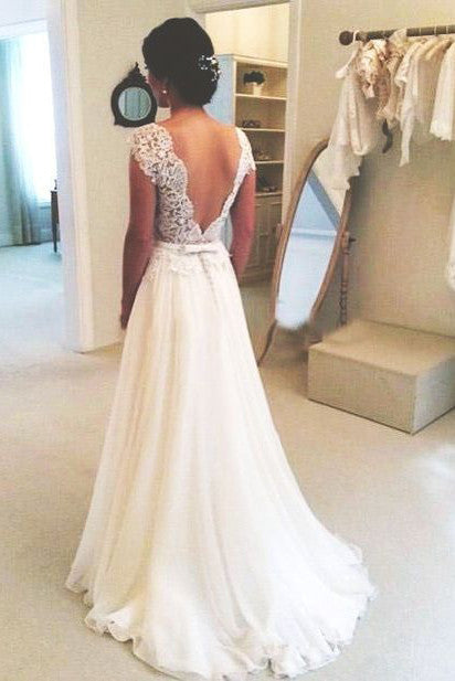A-line Round Neckline Chiffon Lace Long Open Back Sleeves Wedding Dress