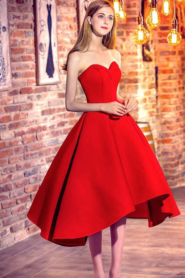 Princess Sweetheart Red Satin with Ruffles Asymmetrical High Low Classic Prom Dresses PM621