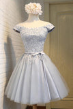 A-Line Off the Shoulder Short Sleeveless Scoop Grey Tulle Lace up Homecoming Dresses uk PH964