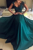 Elegant Beaded Peacock Green V Neck Long Satin Open Back Prom Dresses uk PW98