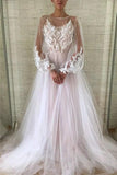 Jewel See Through  Long Sleeve Ivory Lace Appliques Prom Dresses, Wedding Dresses P1402