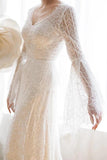 Unique V Neck Lace-up Mermaid Back Bridal Dresses Ivory Lace Trumpet Sleeve Wedding Dresses W1161