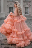Gorgeous Ball Gown Spaghetti Straps Tulle Ruffles V Neck Prom Dresses with Sequins P1401