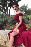 Mermaid Off the Shoulder Burgundy Prom Dresses with Slit, Lace Appliques Evening Dress P1297