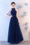 Elegant A-Line Blue Halter Tulle Long Open Back Beads Lace up Prom Dresses UK PH409