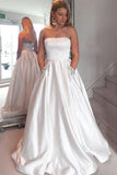 A-Line Satin Strapless Princess Floor-length Beading with Pockets Sleeveless Prom Dresses PH471