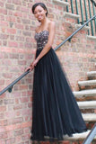 Long Black Sexy Tulle Strapless Lace up Sweetheart A-Line Beads Prom Dresses UK PH422