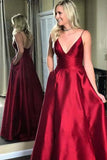 Simple Red V-Neck Spaghetti Straps A-line Long Backless Satin Prom Dresses uk PH462