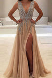 A-line V-neck Nude Tulle with Slit Sexy Shinny Rhinestone Long Prom Dresses PH634