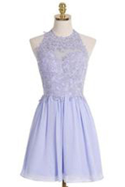A-line Halter Short Lilac Chiffon Homecoming Dress with Appliques Crystal